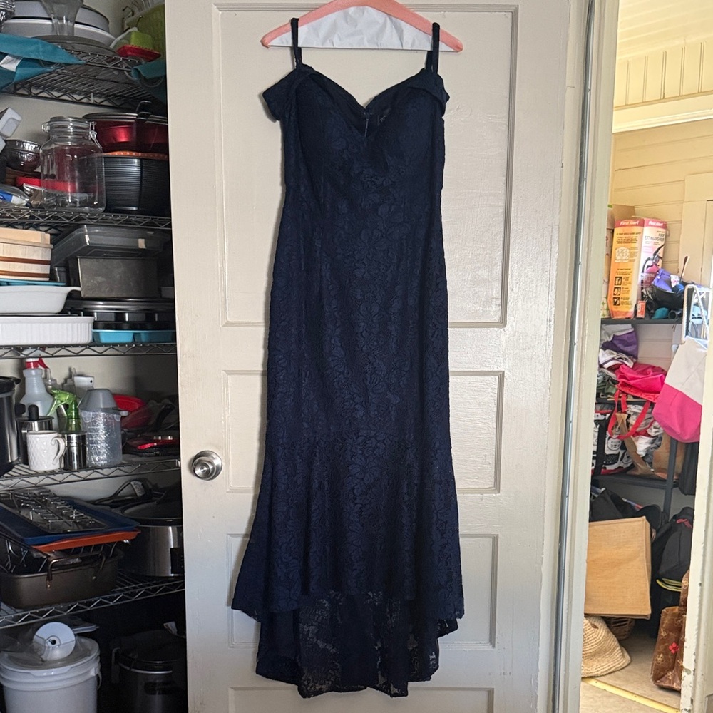 Xscape Navy High Low Lace Dress
